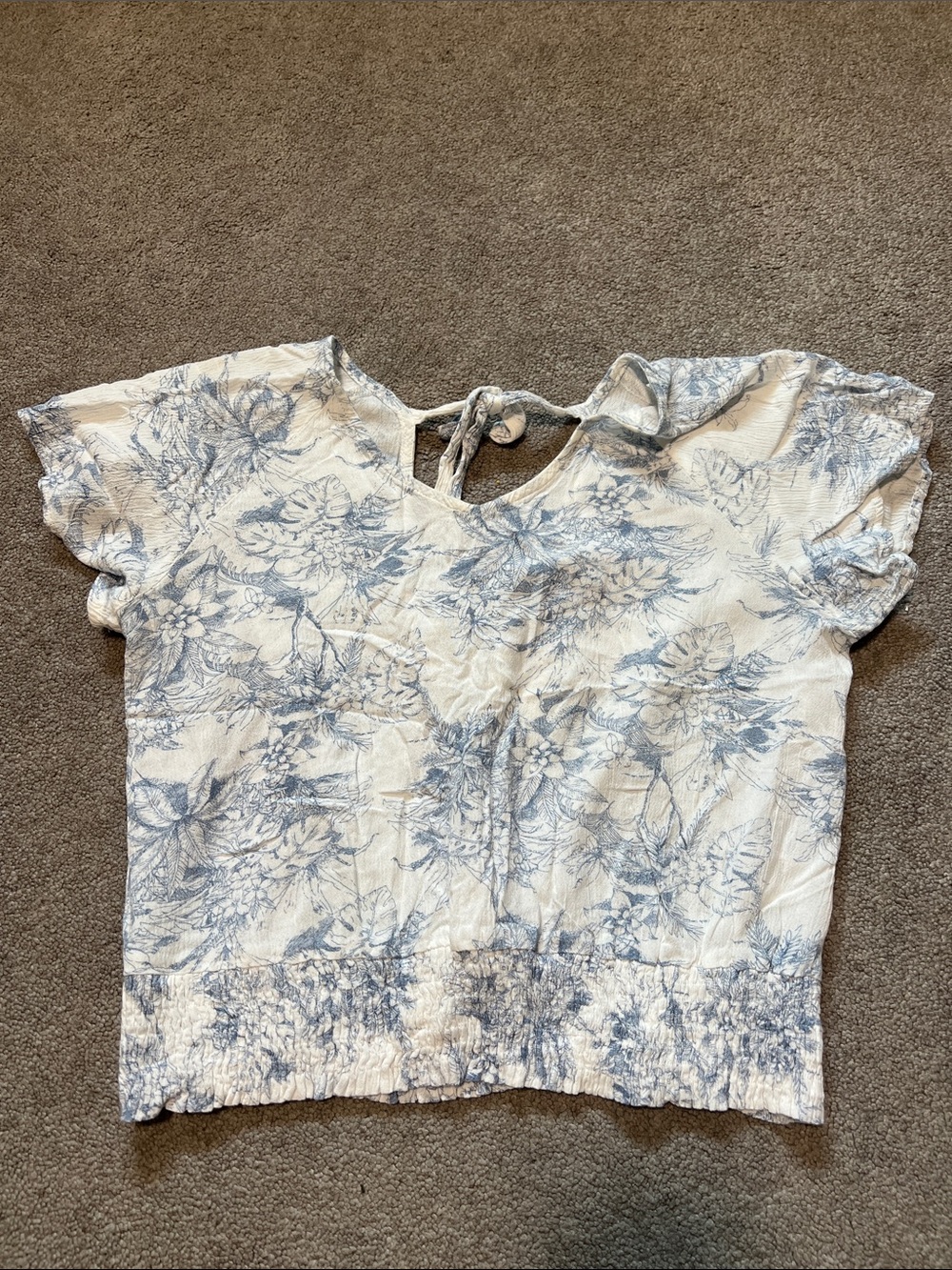 Paper Crane Flowy Rayon Tropical Leaves Shirt Blue White XS
